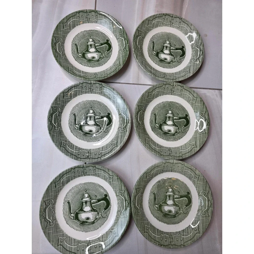 Vintage Green Transferware Teapot Bread and Butter‎ Plates Set of 6 6.25 Inch A2